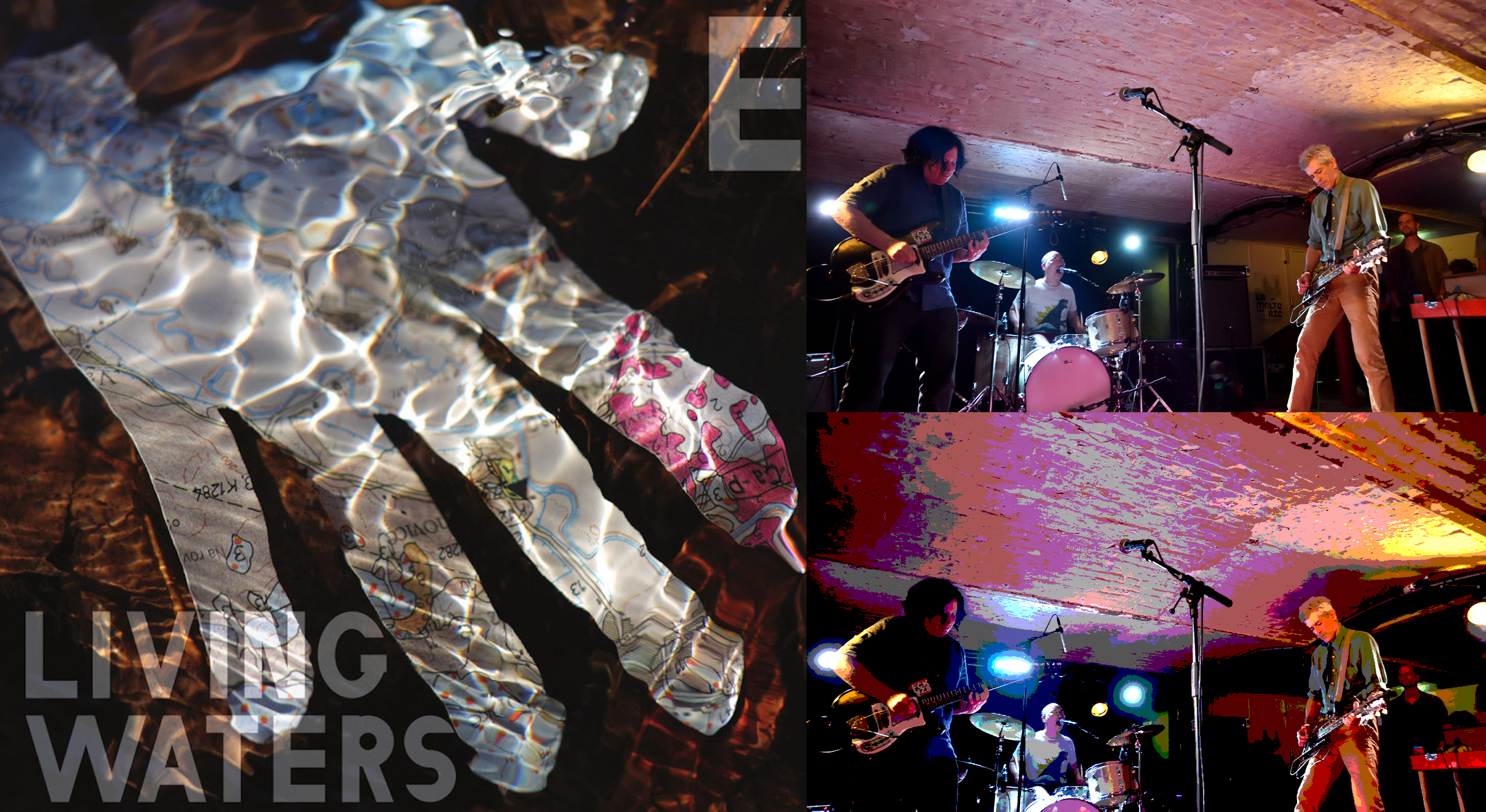 Album art for Boston noise rock band 'E''s album 'Living Waters,' with a photo of band members Thalia Zedek, Ernie Kim and Jason Sanford playing live.