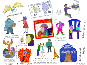 Illustrated art by Keith Walsh with colored sketches of songs from Elvis Costello's 1986 album Blood and Chocolate.